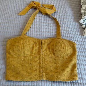 American Eagle Women's Yellow Gold Embroidered Corset Halter Tie Crop Top Small